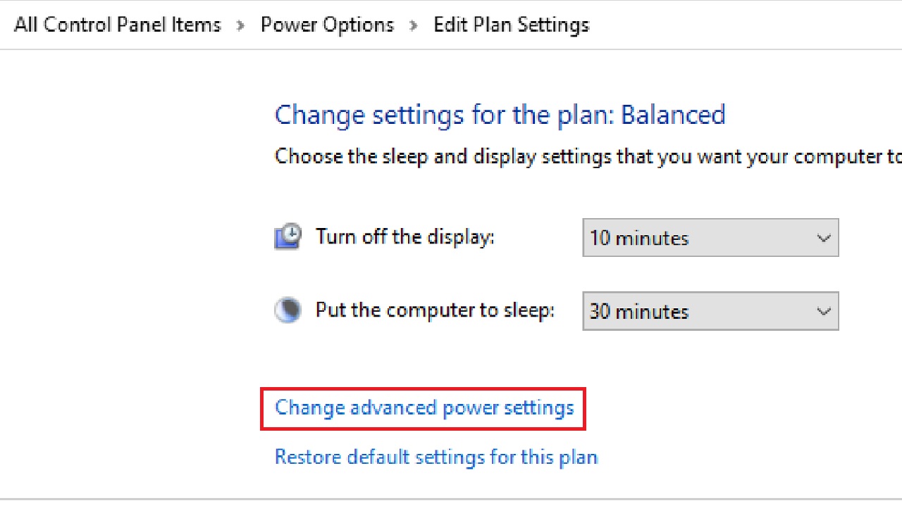Selecting Change advanced power settings