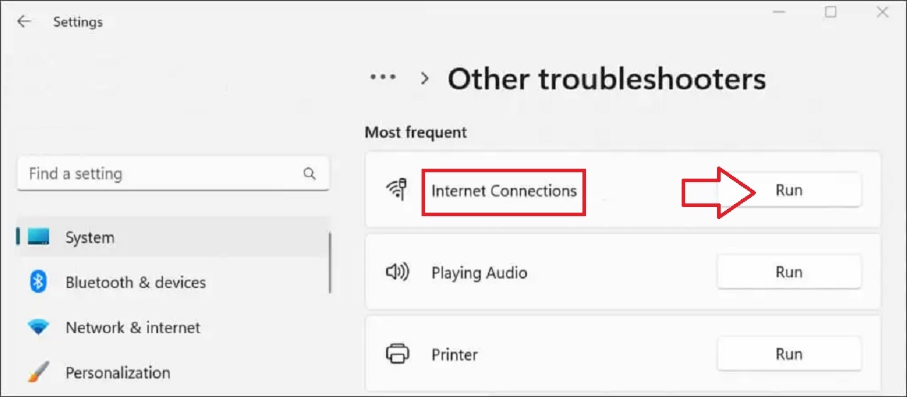 Click on the Run button next to Internet Connections