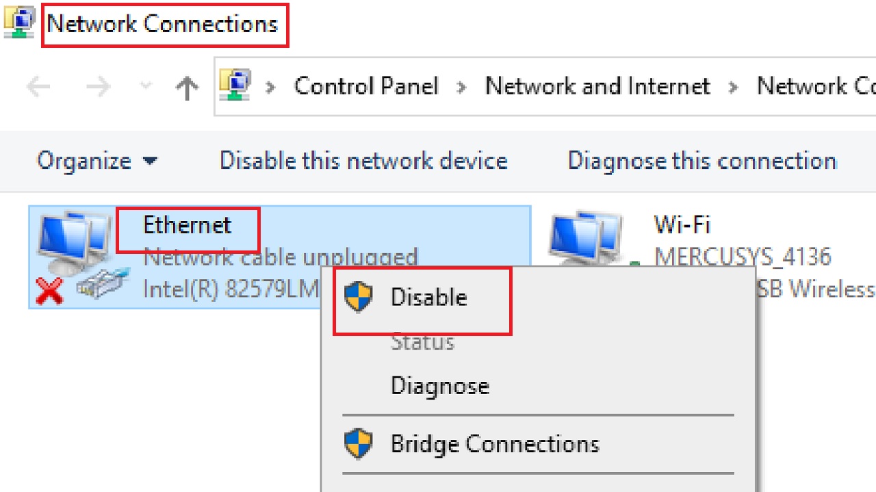 Selecting Disable from the drop-down context menu