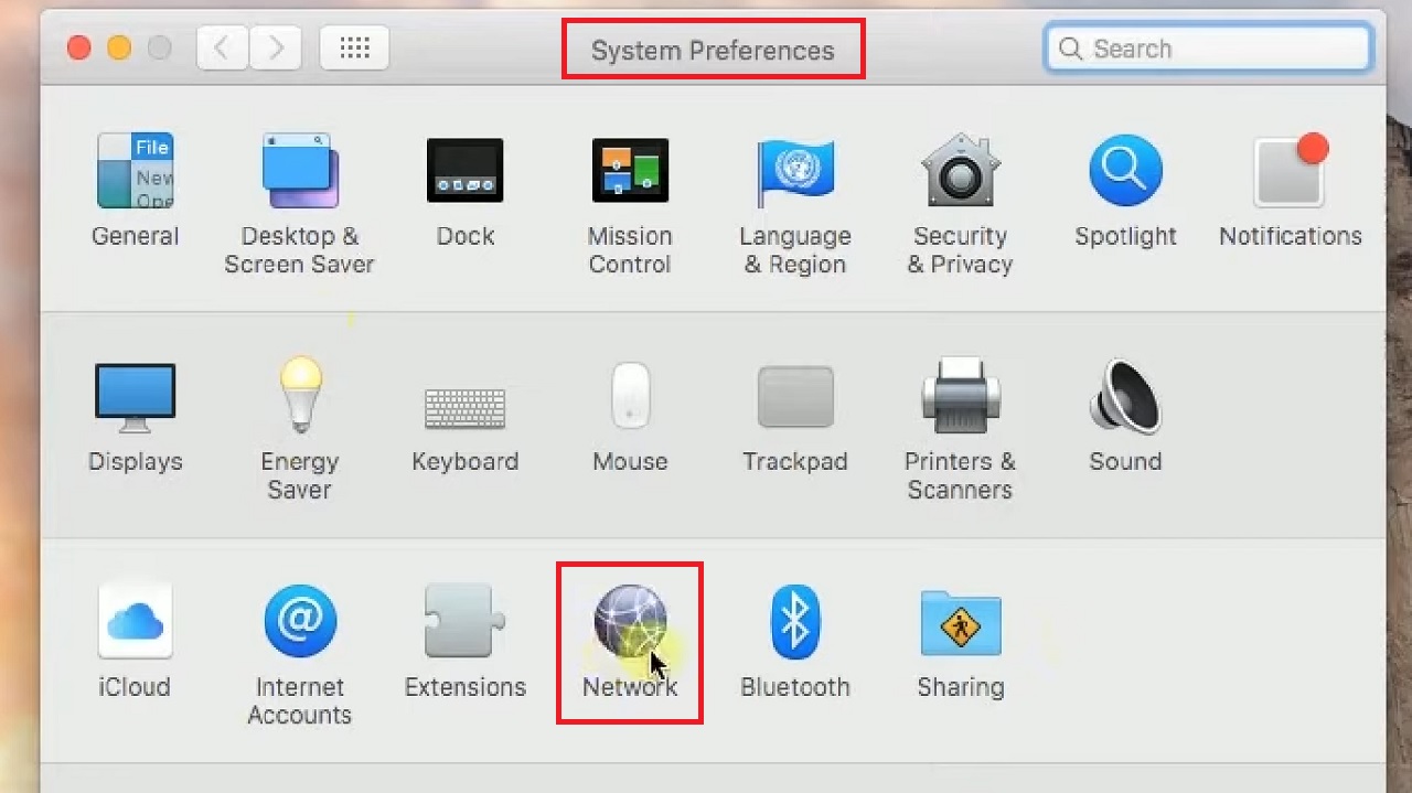 Selecting Network from the System Preferences window
