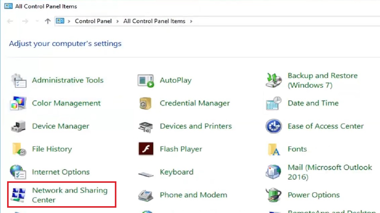 Selecting the Network and Sharing Center option