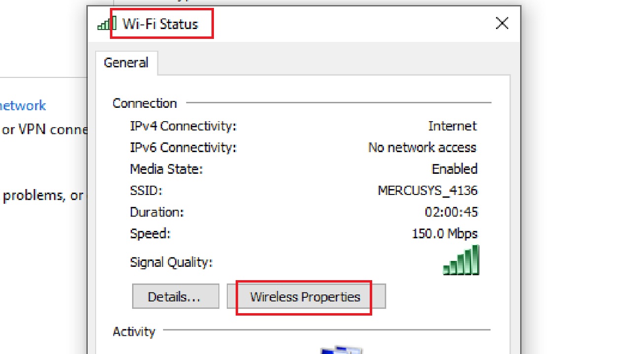 Clicking on the Wireless Properties window