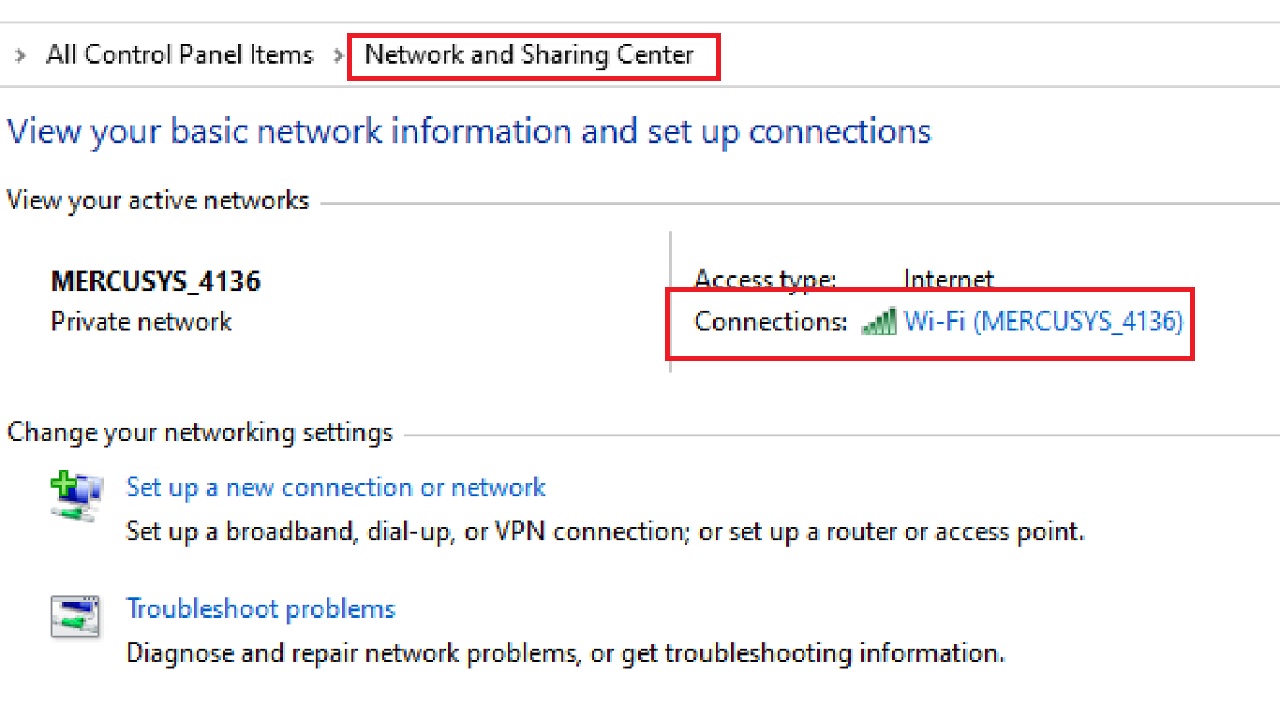 Selecting your active network (Wi-Fi MERCUSYS _4136 in this case)