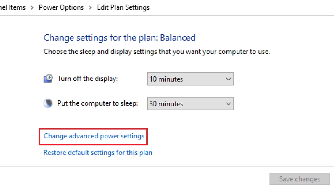 Clicking on Change advanced power settings