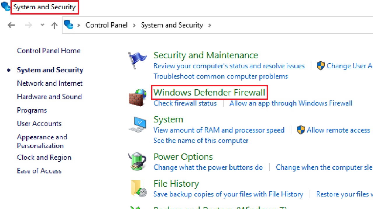 Selecting Windows Defender Firewall