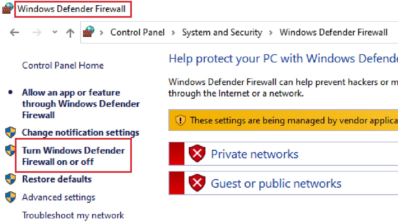 Clicking on Turn Windows Defender Firewall on or off