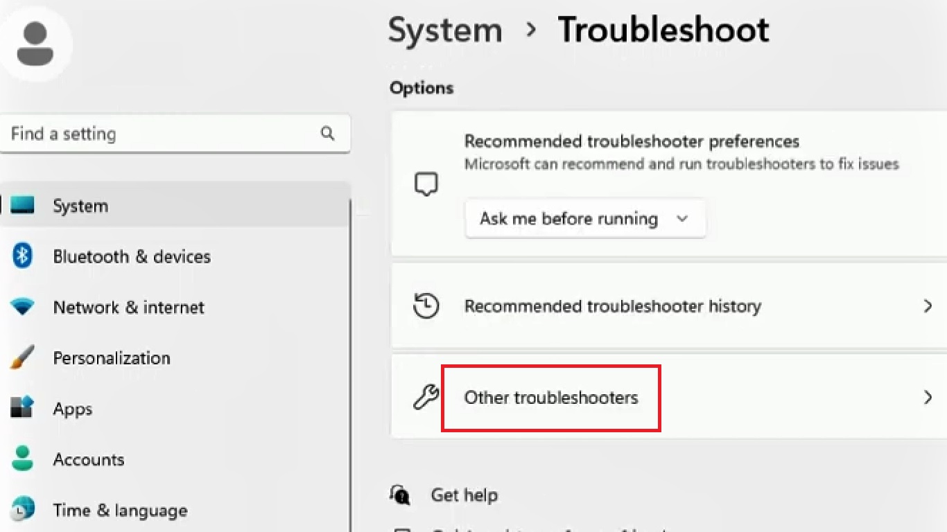 Clicking on Other troubleshooters