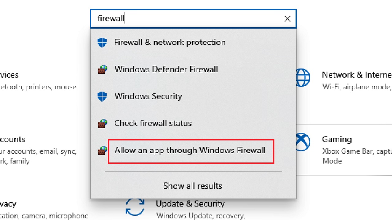 Selecting the Allow an App through Windows Firewall