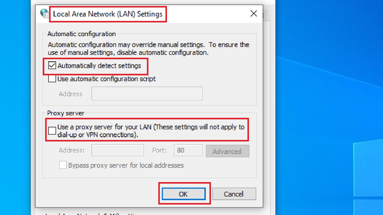 Local Area Network (LAN) Settings window