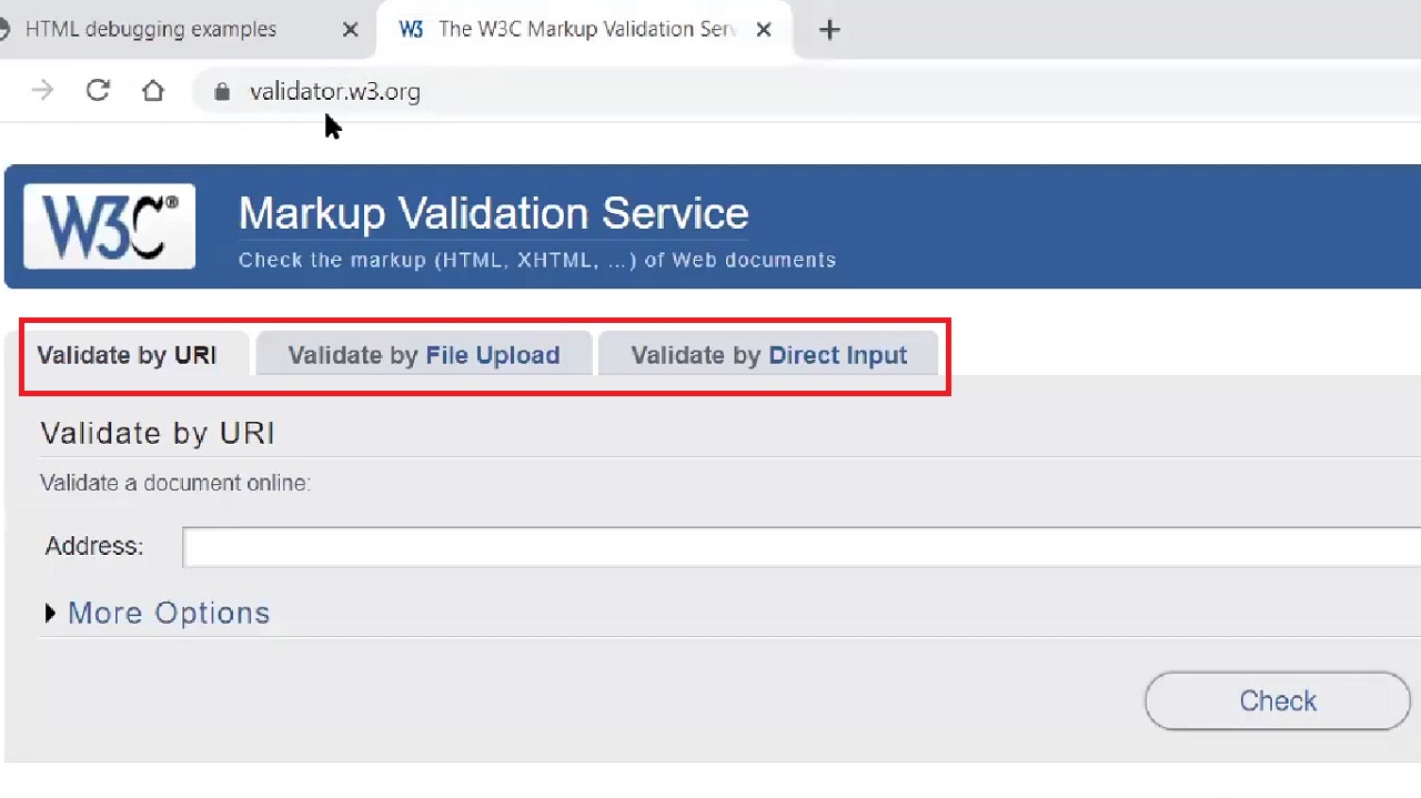 Home page of the validator tool with three options