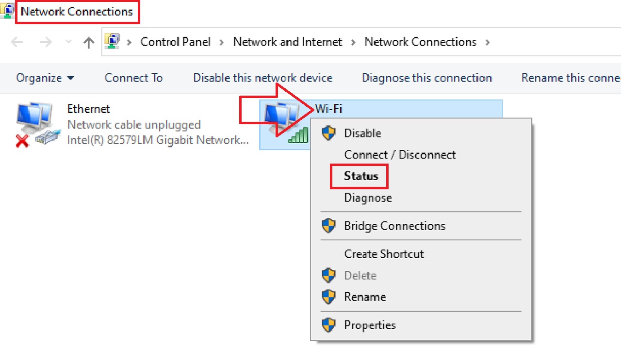 Selecting Status from the dropdown context menu