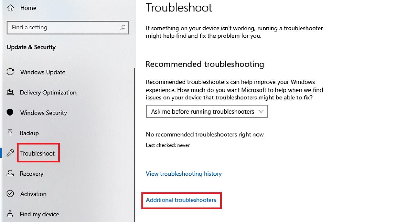 Clicking on Additional troubleshooters