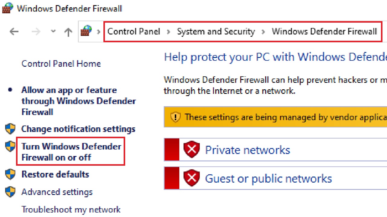Clicking on Turn Windows Firewall on or off