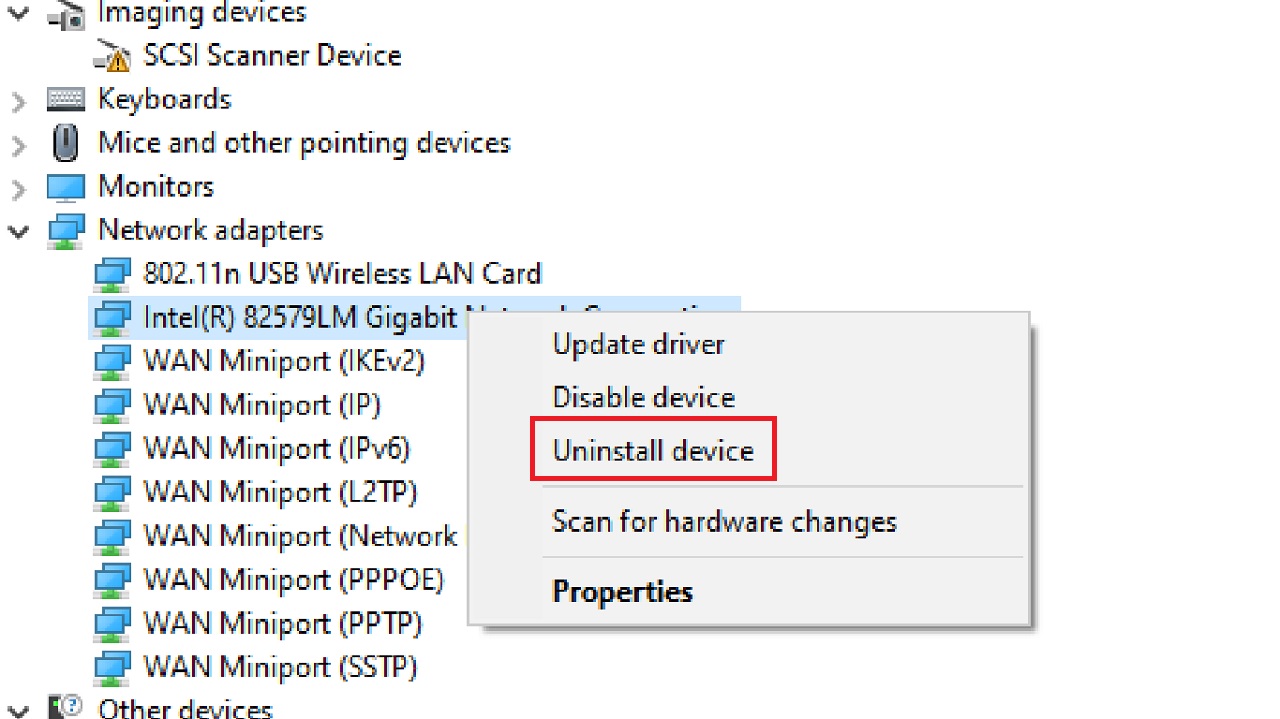 Selecting Uninstall device