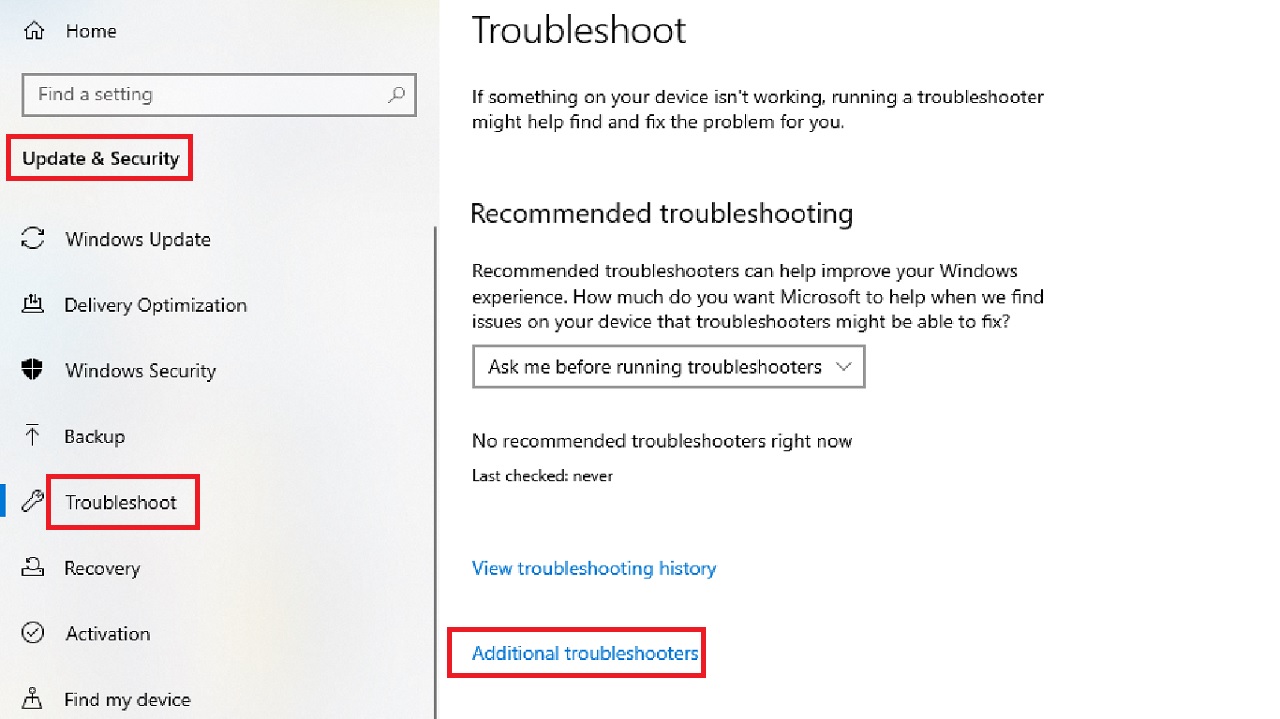 Clicking on Additional troubleshooters