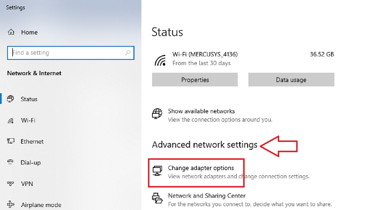 Clicking on Change adapter options