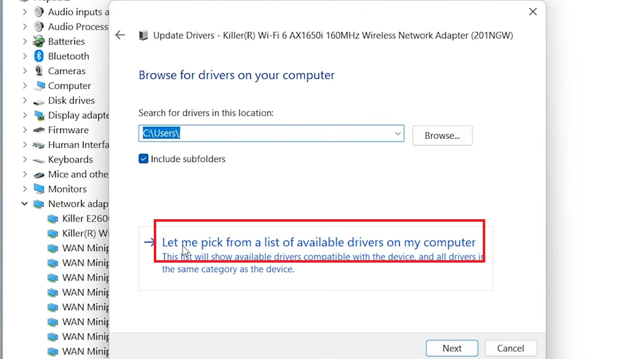 Clicking on Let me pick from a list of available drivers on my computer option