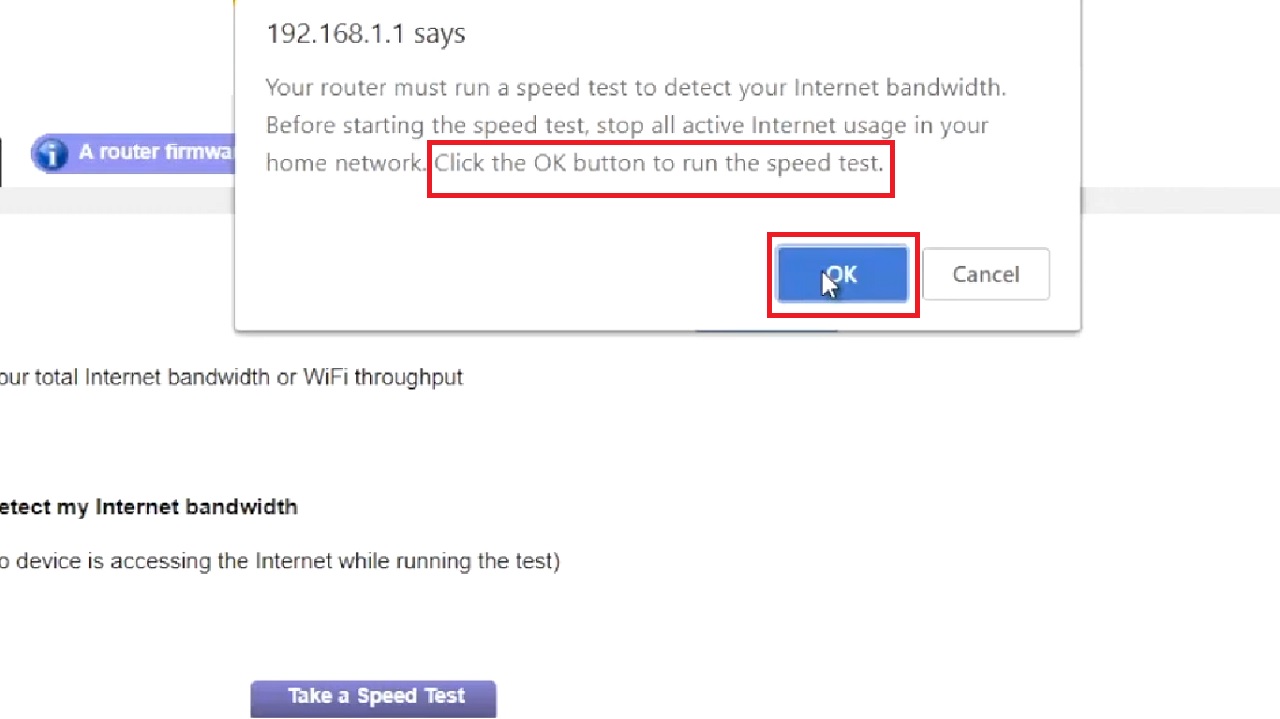 Clicking the OK button to run the speed test