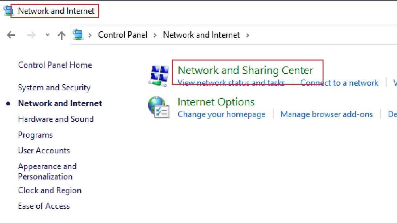 Selecting Network and Sharing Center