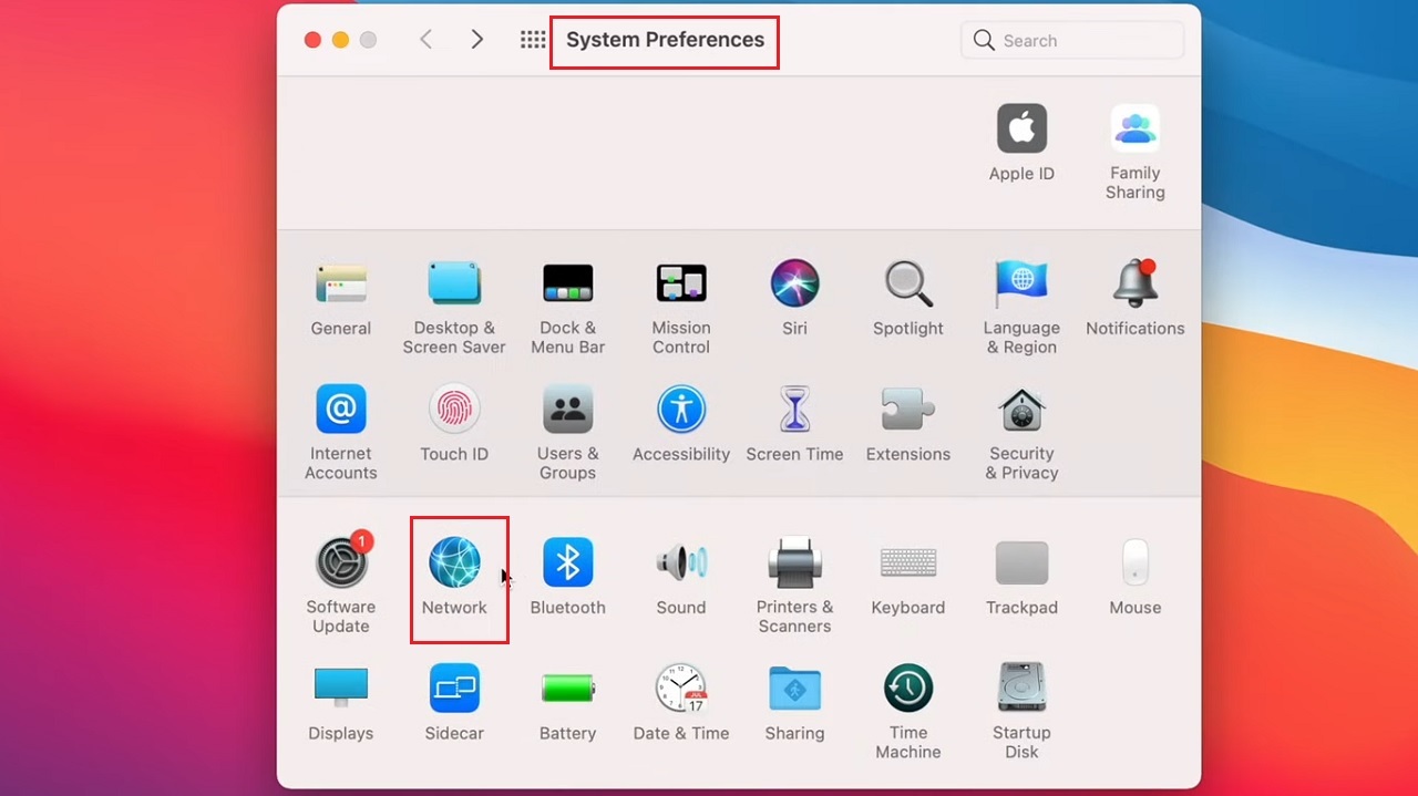 Clicking on Network in the System Preferences