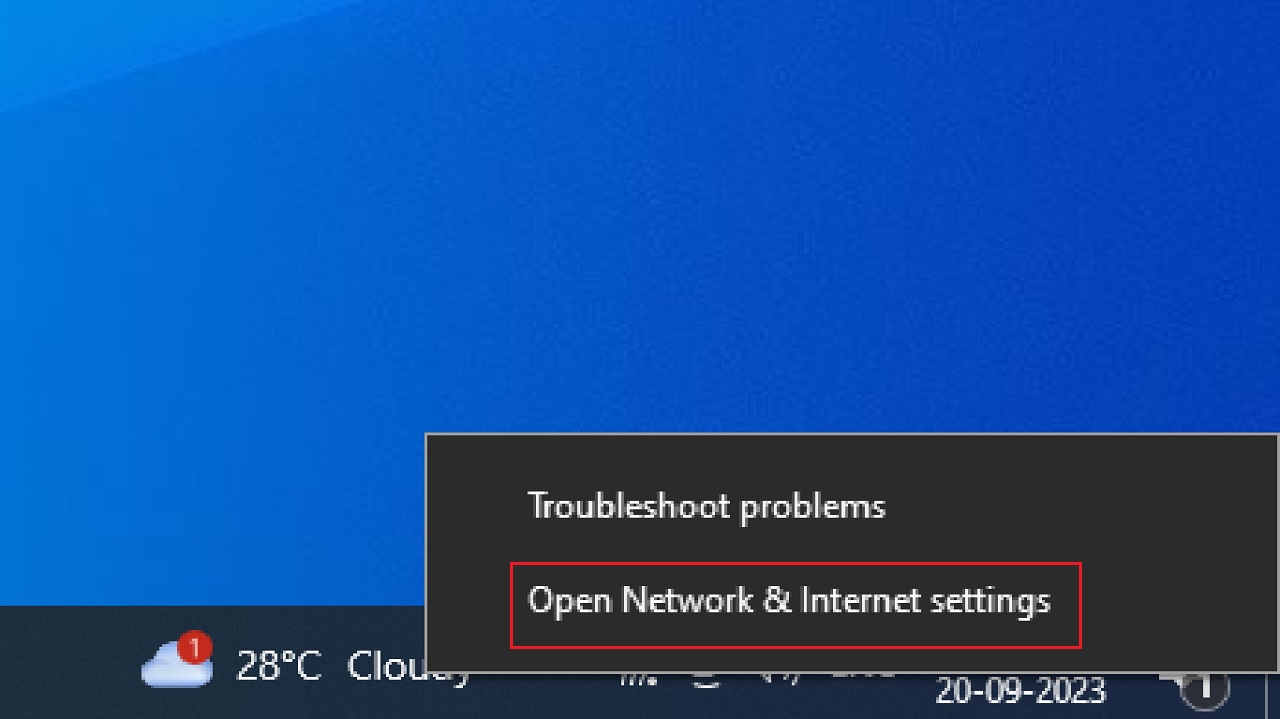 Clicking on Open Network & Internet settings