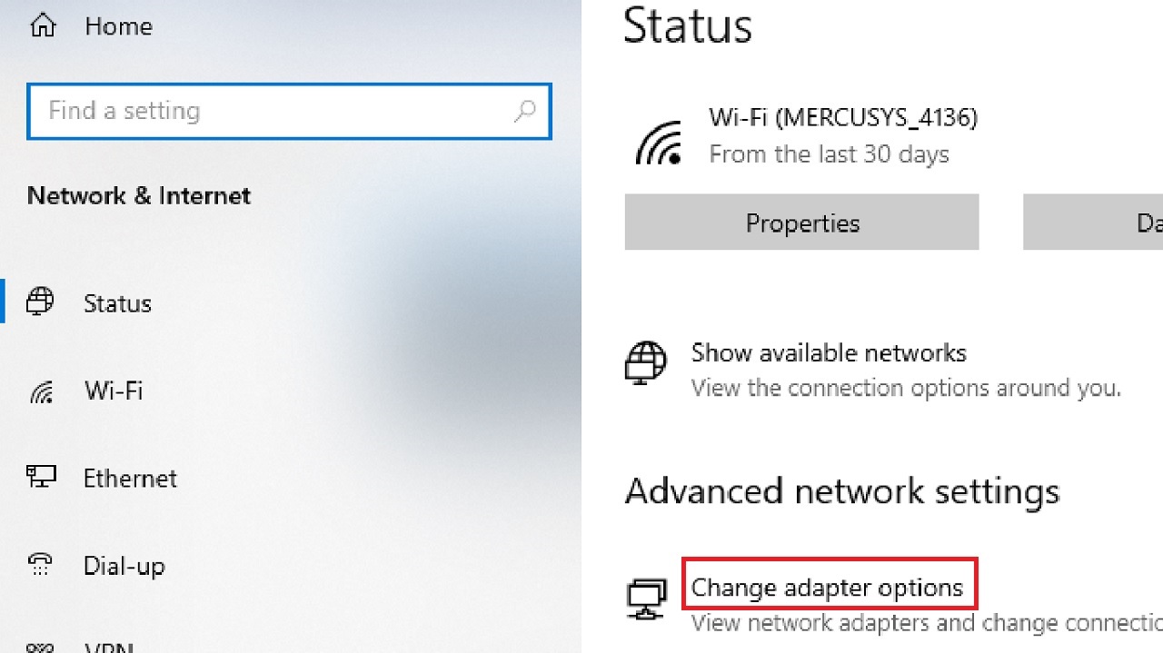 Clicking on Change adapter options