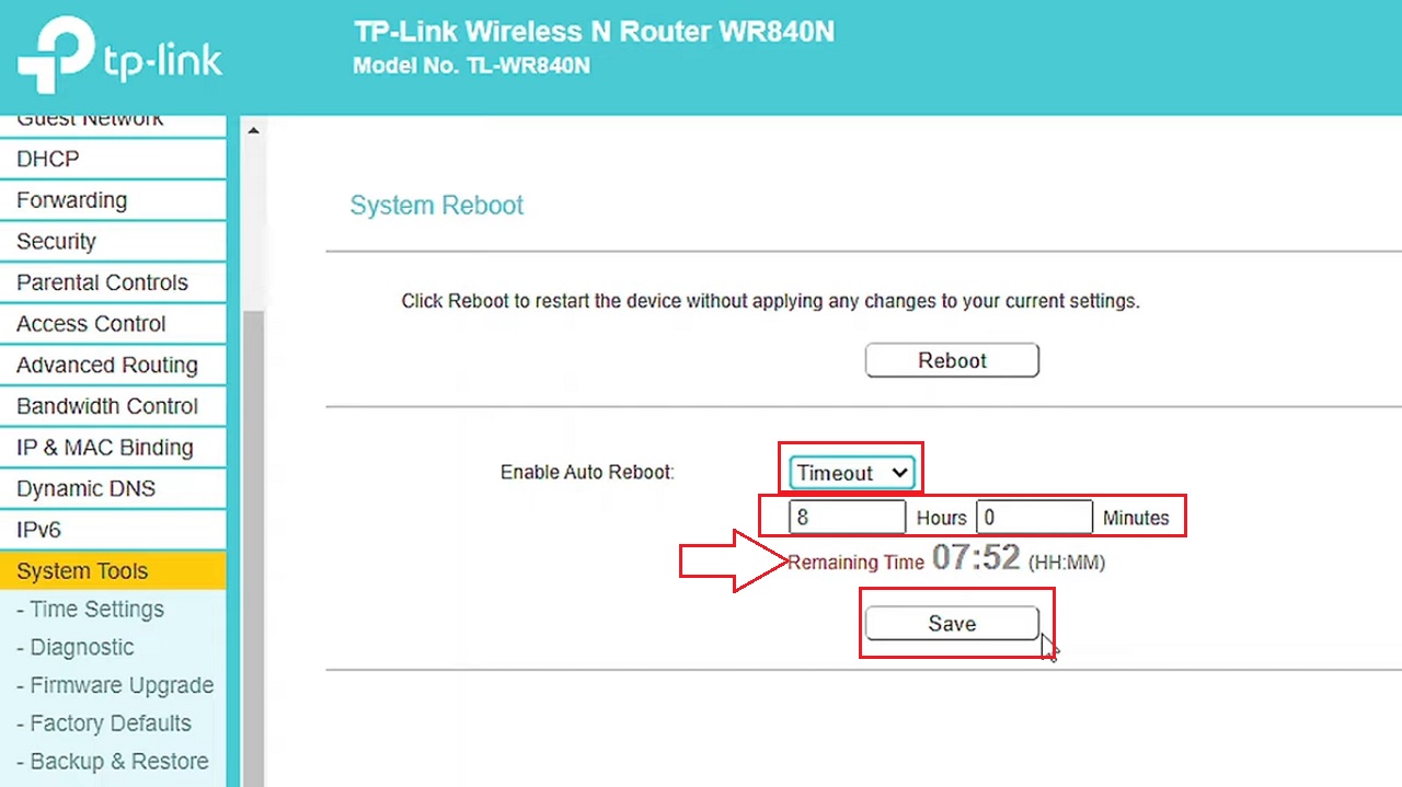 Selecting the Timeout option for automatic router reboot