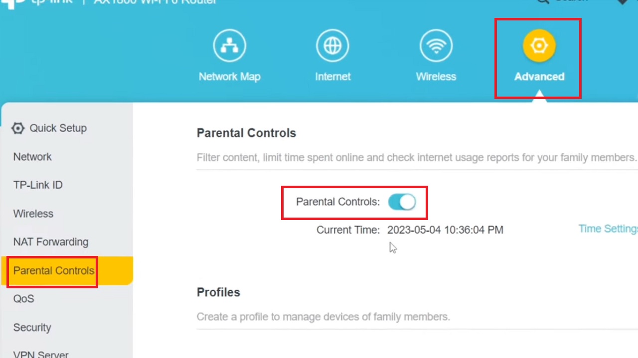Toggling the sliding switch next to Parental Controls to enable it