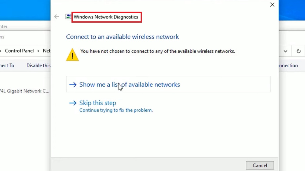 Windows Network Diagnostics window