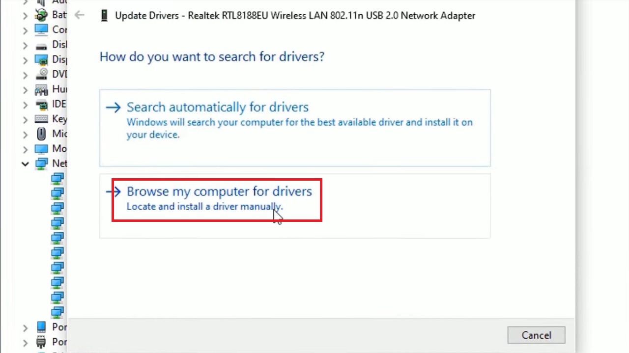 Choosing Browse my computer for drivers