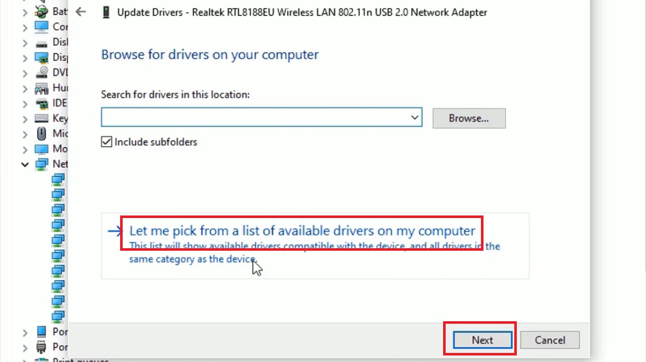 Selecting Let me pick from a list of available drivers on my computer