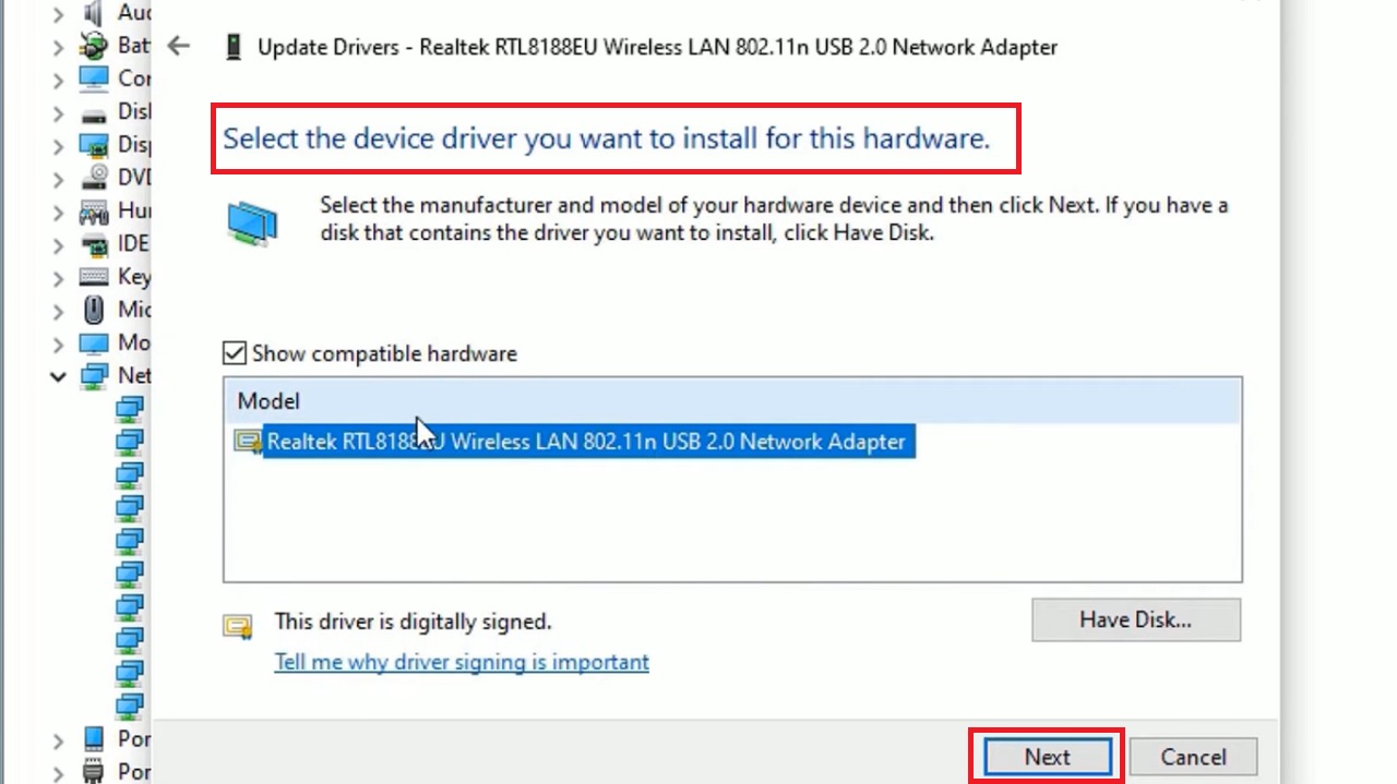 Select the device driver you want to install for this hardware