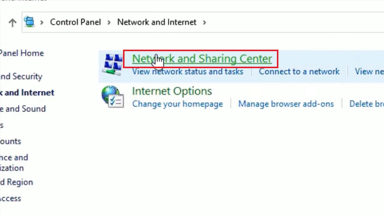 Selecting Network and Sharing Center