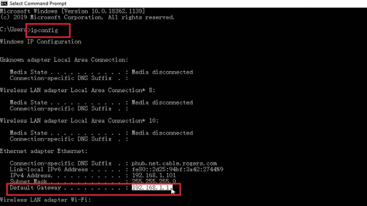 Type ipconfig in the Command Prompt window and hit Enter. Check the Default Gateway address.