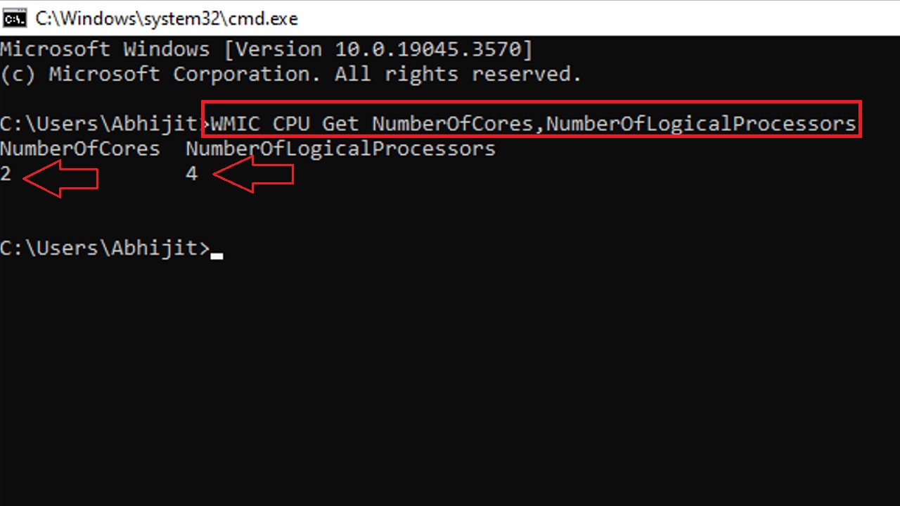 WMIC CPU Get NumberOfCores,NumberOfLogicalProcessors