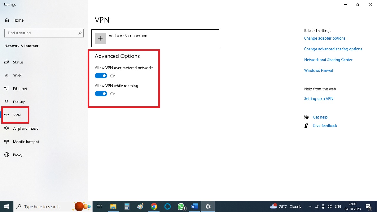 VPN page under Advanced Options